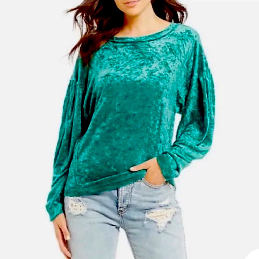 Free People Sea Green Milan Crushed Velvet Drop Sleeve Pullover Sweater Small